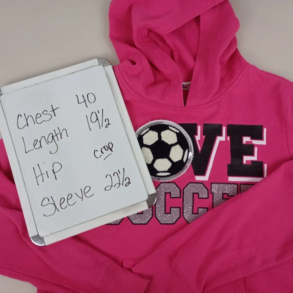 Justice Juniors 16 Hot Pink Love Soccer Crop Hoodie Long Sleeve Sweatshirt